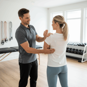 Physical therapist conducting one-on-one consultation with patient in a calm, professional treatment room